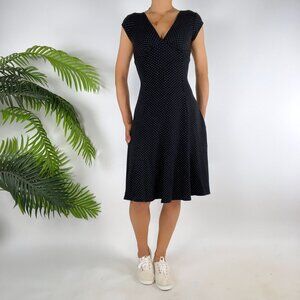 Vintage Y2K Black Polka Dot Retro Twee V Neck Short Sleeve Midi Dress / Small